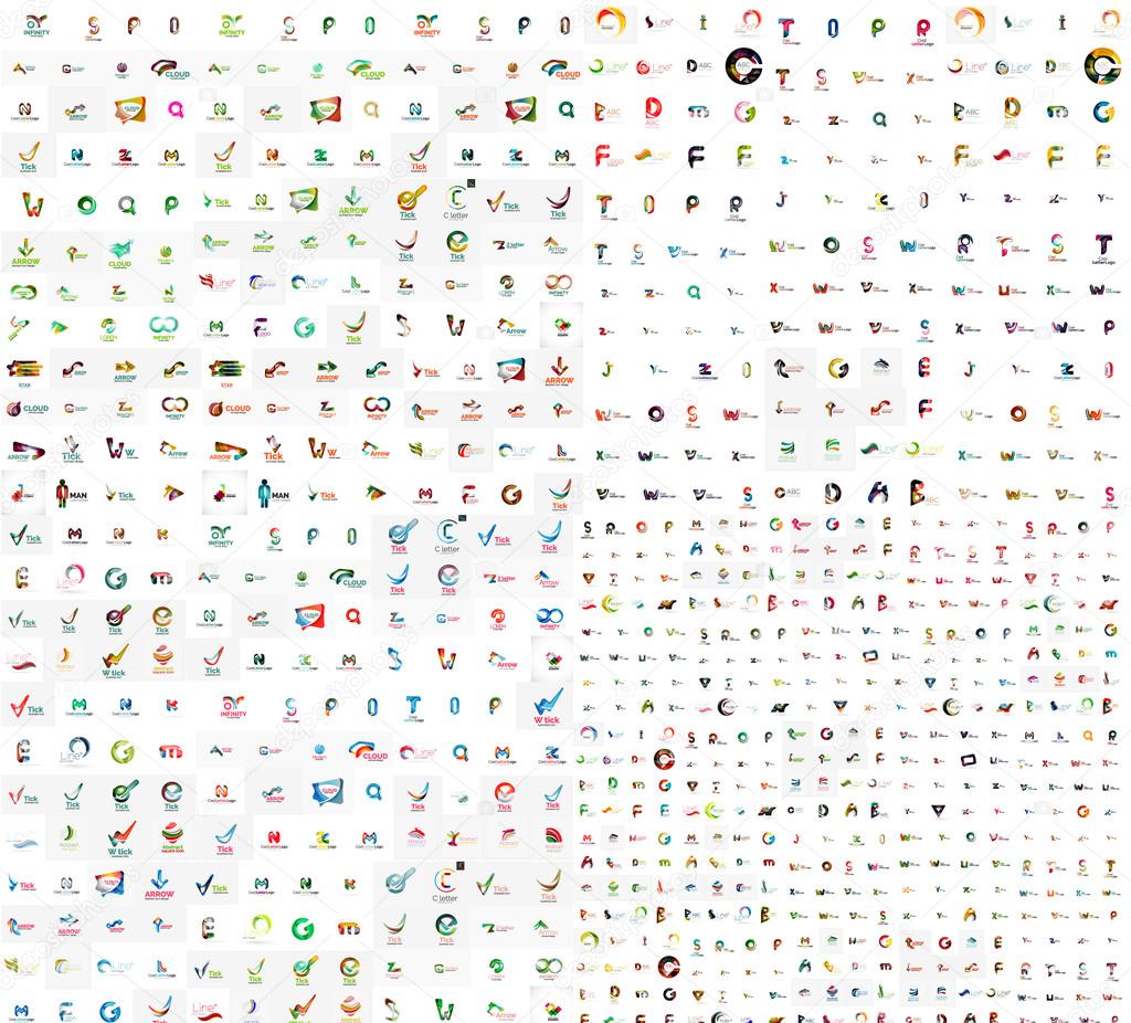 Mega set of geomeric company logos. Corporate business branding design elements. Vector letters and abstract shapes