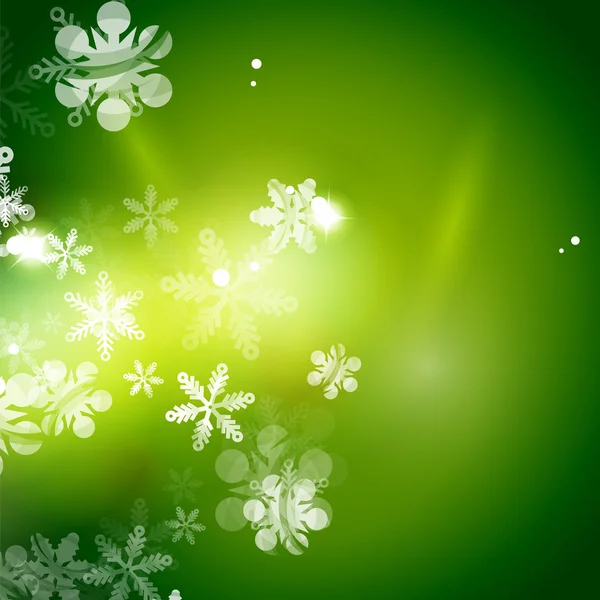 Vakantie groene abstracte achtergrond, winter sneeuwvlokken, Kerstmis en Nieuwjaar ontwerpsjabloon — Stockvector