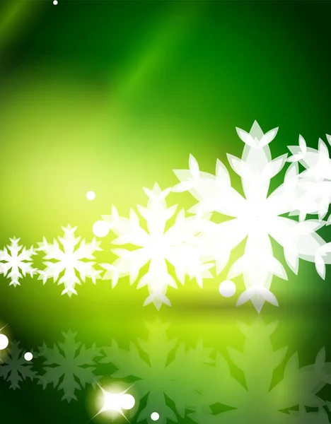 Fondo abstracto verde navideño con copos de nieve transparentes blancos — Vector de stock