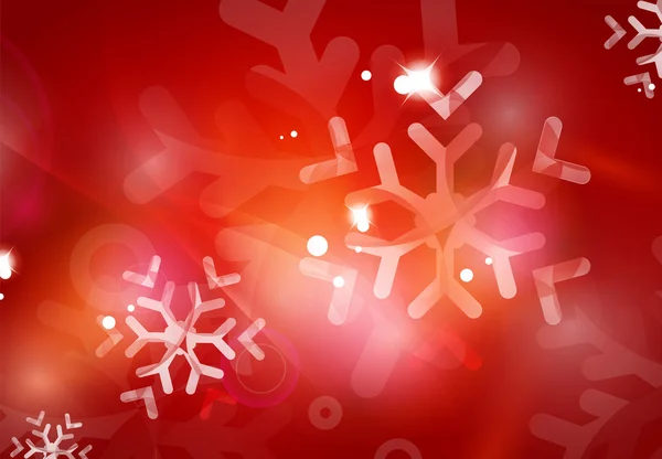 Fondo abstracto rojo navideño con copos de nieve transparentes blancos — Vector de stock