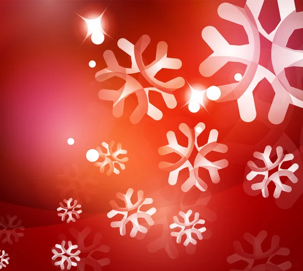 Fondo abstracto rojo navideño con copos de nieve transparentes blancos — Vector de stock