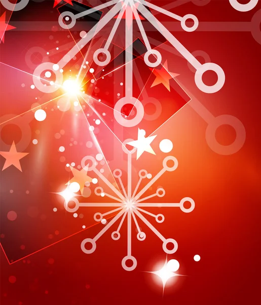 Fondo abstracto rojo navideño con copos de nieve transparentes blancos — Vector de stock