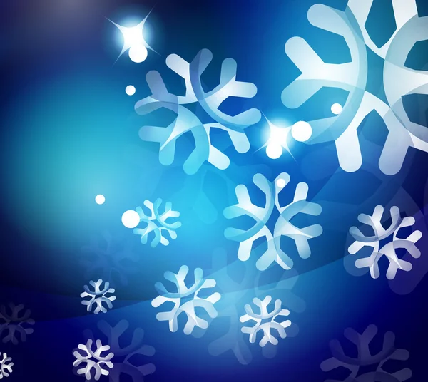 Fondo abstracto azul navideño con copos de nieve transparentes blancos — Vector de stock