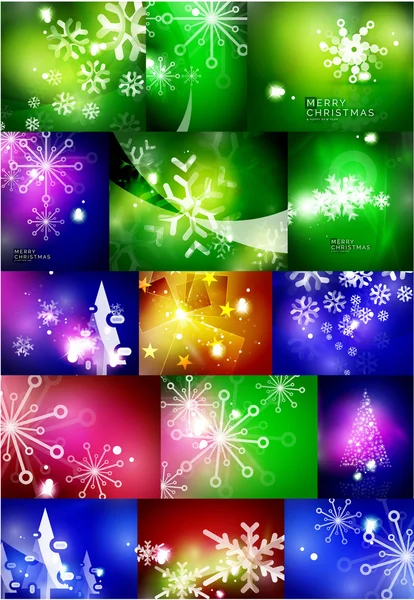 Conjunto de fondos de Navidad de color brillante con copos de nieve blancos y árboles — Archivo Imágenes Vectoriales