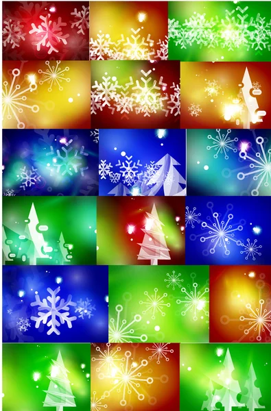 ชุดของพื้นหลังคริสต์มาสสีสว่างที่มีเกล็ดหิมะสีขาวและต้นไม้ — ภาพเวกเตอร์สต็อก