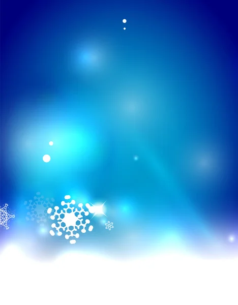 Fondo abstracto azul navideño con copos de nieve transparentes blancos — Vector de stock