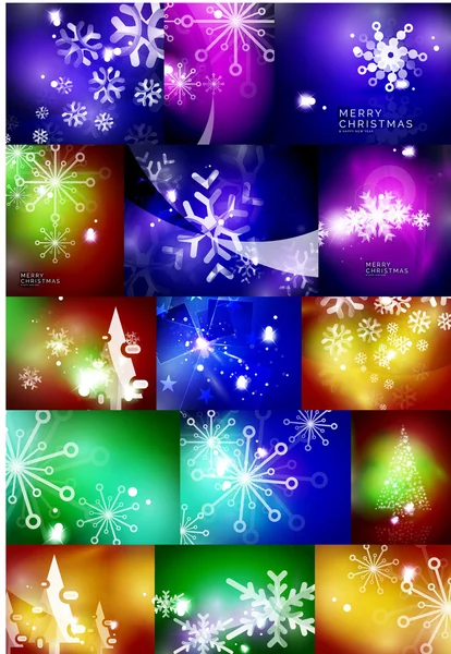 Набір блискучих кольорових різдвяних фонів з білими сніжинками та деревами — стоковий вектор