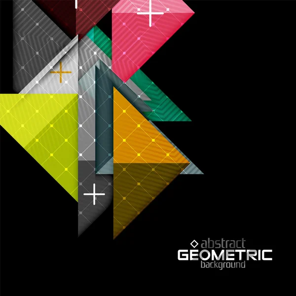 Kleurrijke geometrische vormen met textuur op zwart. Moderne futuristische abstracte ontwerpsjabloon — Stockvector