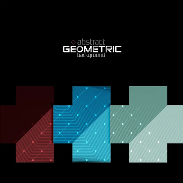 Kleurrijke geometrische vormen met textuur op zwart. Moderne futuristische abstracte ontwerpsjabloon — Stockvector