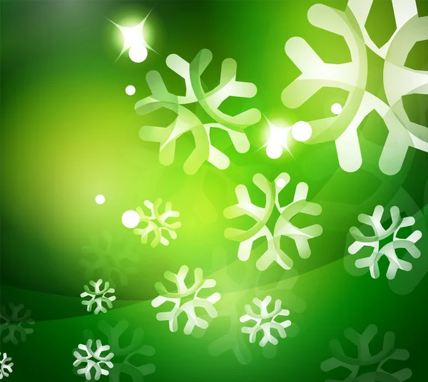 Kerstmis groene abstracte achtergrond met witte transparante sneeuwvlokken — Stockvector