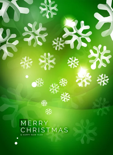 Fondo abstracto verde navideño con copos de nieve transparentes blancos — Vector de stock