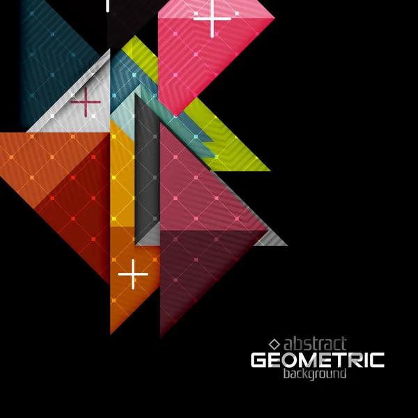 Kleurrijke geometrische vormen met textuur op zwart. Moderne futuristische abstracte ontwerpsjabloon — Stockvector