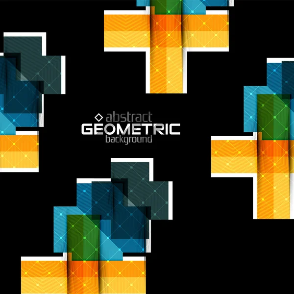 Kleurrijke geometrische vormen met textuur op zwart. Moderne futuristische abstracte ontwerpsjabloon — Stockvector