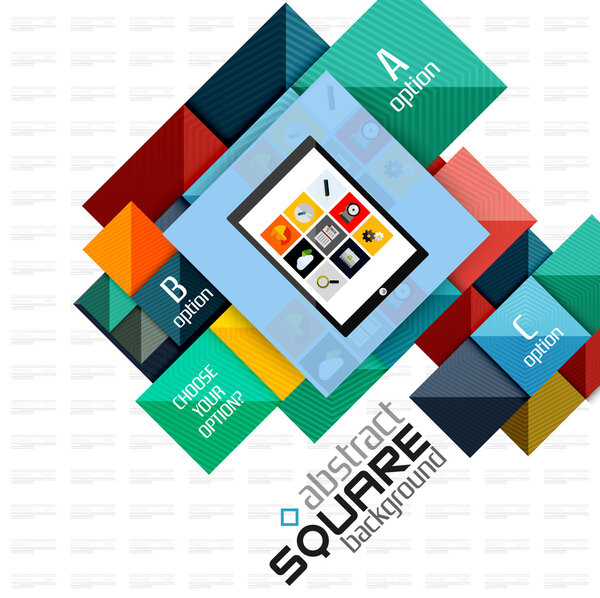 Geometric square shapes and infographic option elements with tablet