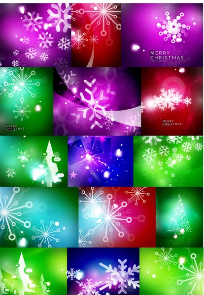 Set von glänzenden Farben Weihnachten Hintergründe mit weißen Schneeflocken und Bäumen — Stockvektor