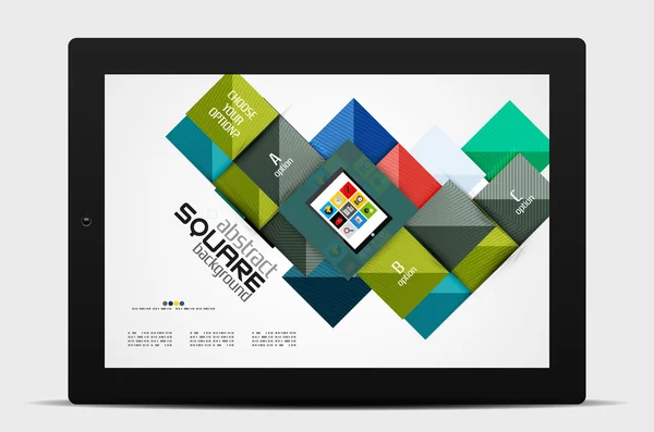 Forme geometriche quadrate ed elementi opzionali infografici con tablet — Vettoriale Stock