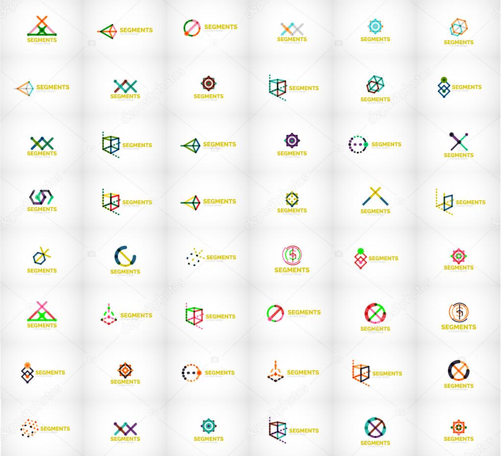 Linear style abstract logo mega set. Color lines in various geometric shapes. Universal branding emblems