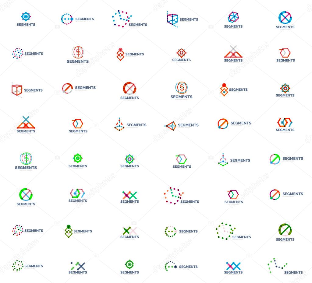 Linear style abstract logo mega set. Color lines in various geometric shapes. Universal branding emblems