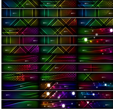 Koyu arka plan üzerinde parlayan şekiller. Vektör, ışık efektleri ile siyah üstbilgileri ayarla