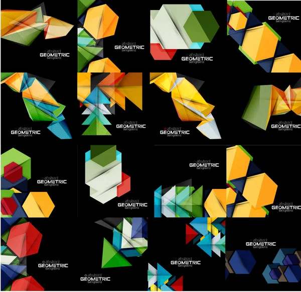 Conjunto de fondos geométricos abstractos en negro con formas multicolores — Vector de stock