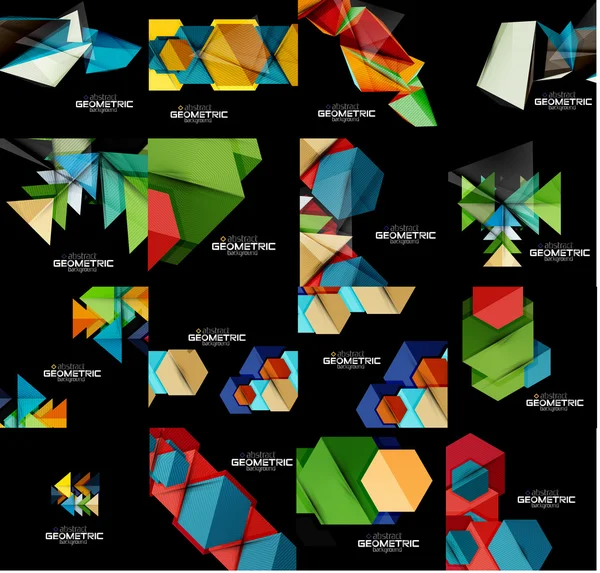 Set van geometrische abstracte zwarte achtergronden met veelkleurige vormen — Stockvector