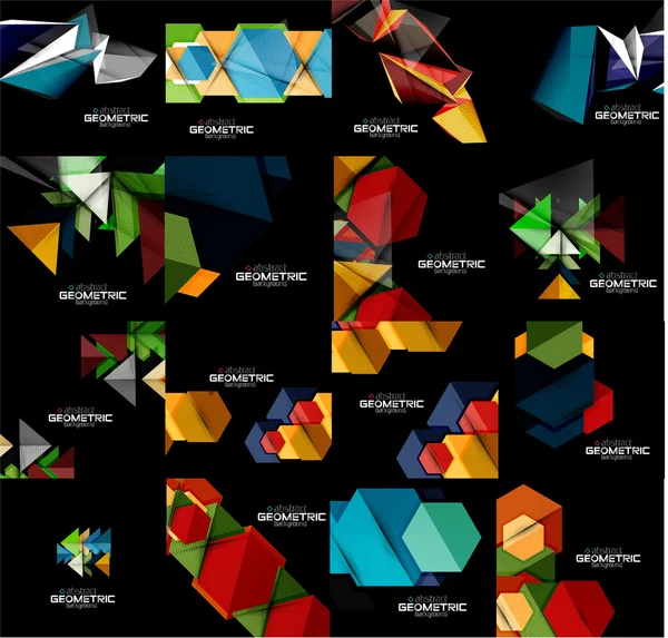 Набор геометрических абстрактных черных фонов с разноцветными фигурами — стоковый вектор