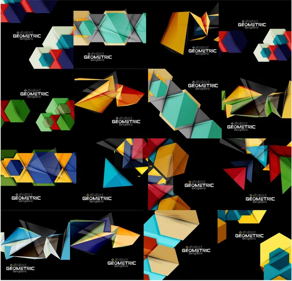 Conjunto de fondos geométricos abstractos en negro con formas multicolores — Vector de stock