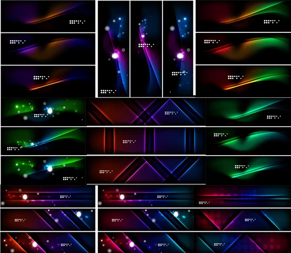 Leuchtende Formen auf dunklem Hintergrund. Vektor Set schwarzer Header mit Lichteffekten — Stockvektor