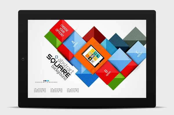 Forme geometriche quadrate ed elementi opzionali infografici con tablet — Vettoriale Stock