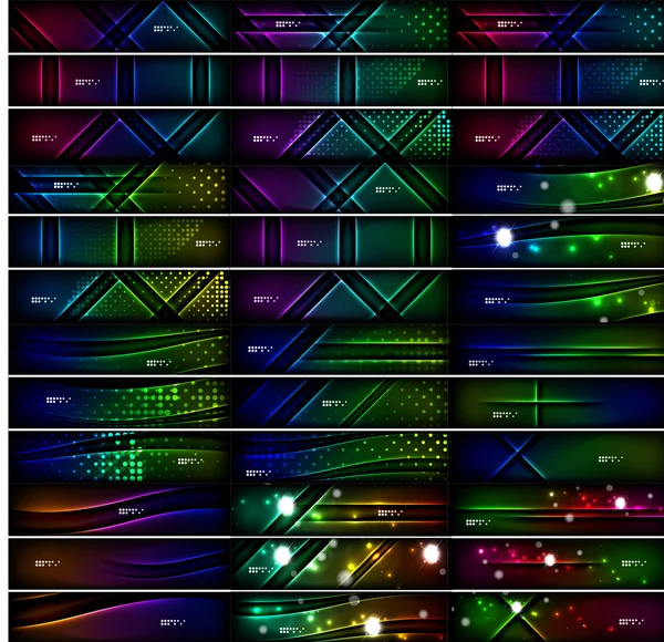 Leuchtende Formen auf dunklem Hintergrund. Vektor Set schwarzer Header mit Lichteffekten — Stockvektor