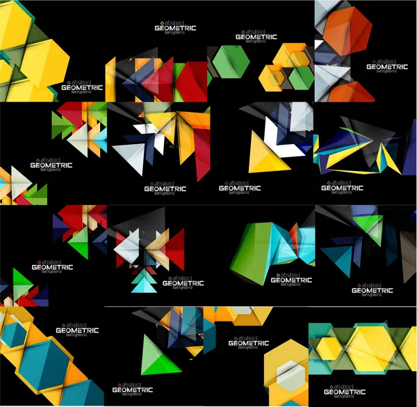 Ensemble de fonds noirs abstraits géométriques aux formes multicolores — Image vectorielle