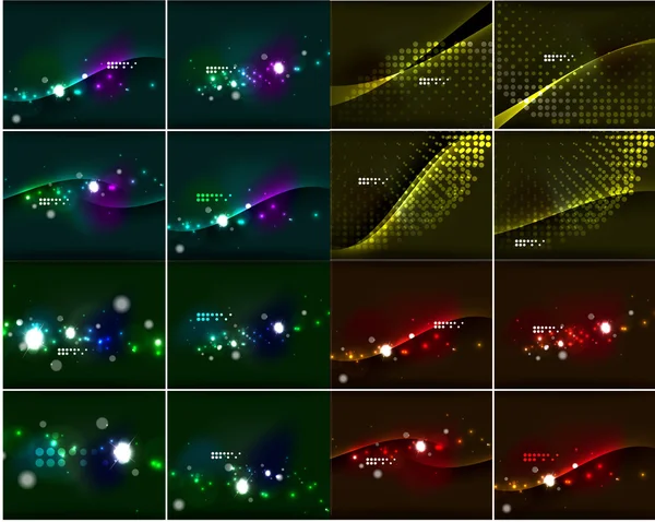 Conjunto de linhas brilhantes no espaço escuro com faíscas, explosões de lentes e brilho —  Vetores de Stock