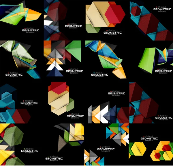 Conjunto de fondos geométricos abstractos en negro con formas multicolores — Archivo Imágenes Vectoriales