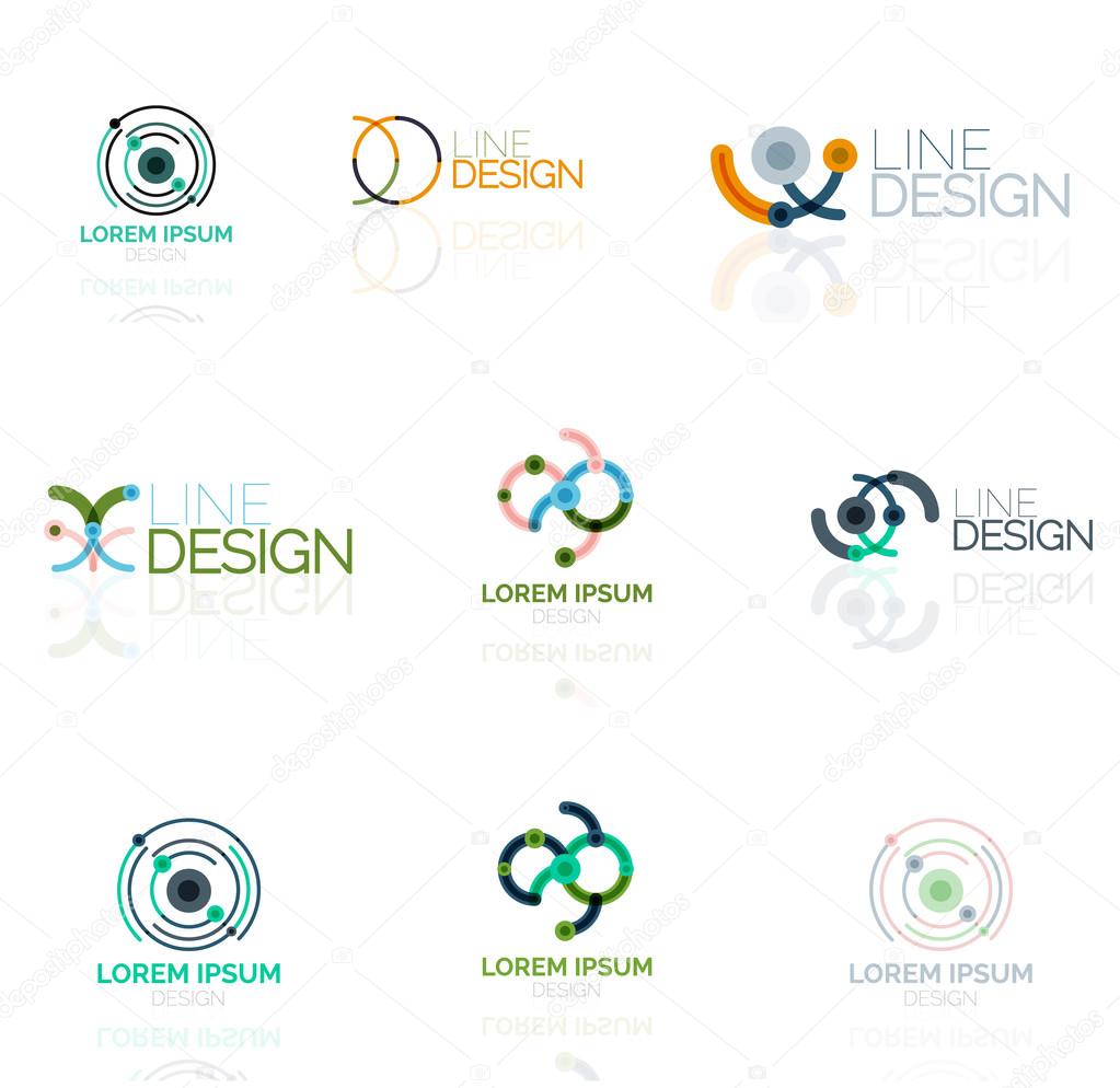 Linear vector abstract logo set, circles loops and swirls. Logotype brand templates made of lines