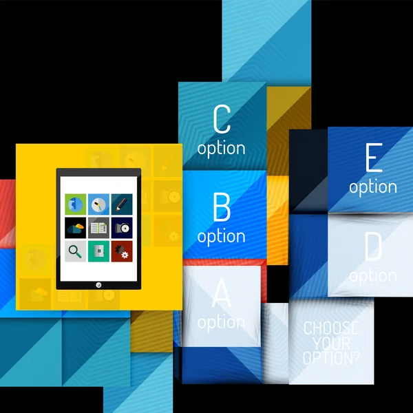 Formas quadradas geométricas e elementos de opção infográfica com tablet —  Vetores de Stock