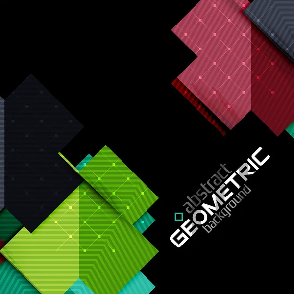 Forme geometriche colorate con texture su nero. Moderno modello di design astratto futuristico — Vettoriale Stock