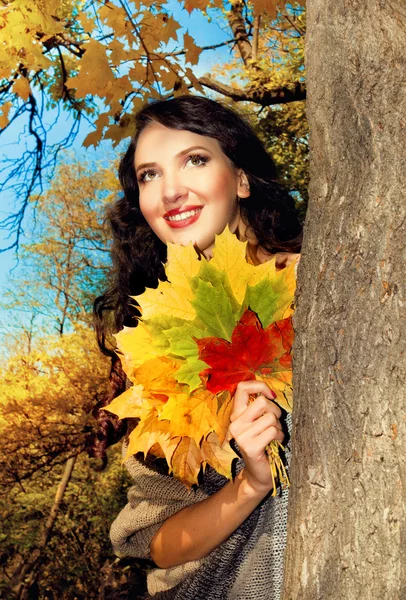 Sonbahar ormanlarında güzel bir kız — Stok fotoğraf