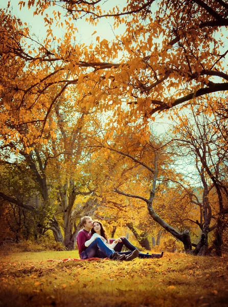 Jovem casal sentado abraçando a natureza — Fotografia de Stock