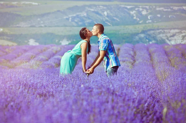 Jovem casal atraente em um campo no verão — Fotografia de Stock