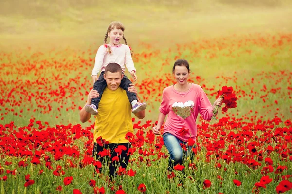 Família feliz andando no campo — Fotografia de Stock