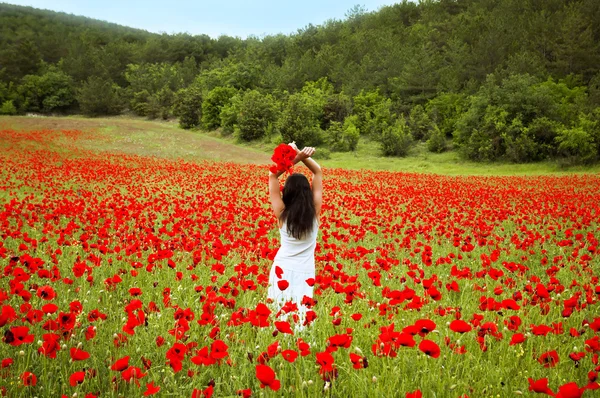 Porträt einer schönen Frau auf einem Feld mit Blumen — Stockfoto