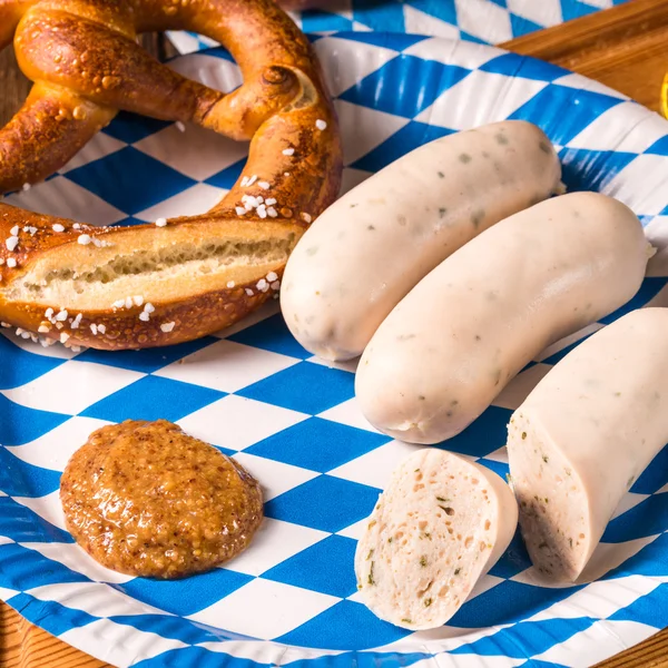 Bavarian sausage with pretzel — Stock Photo, Image