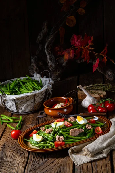 Rustikaler Grüner Bohnensalat Mit Und Thunfisch — Stockfoto