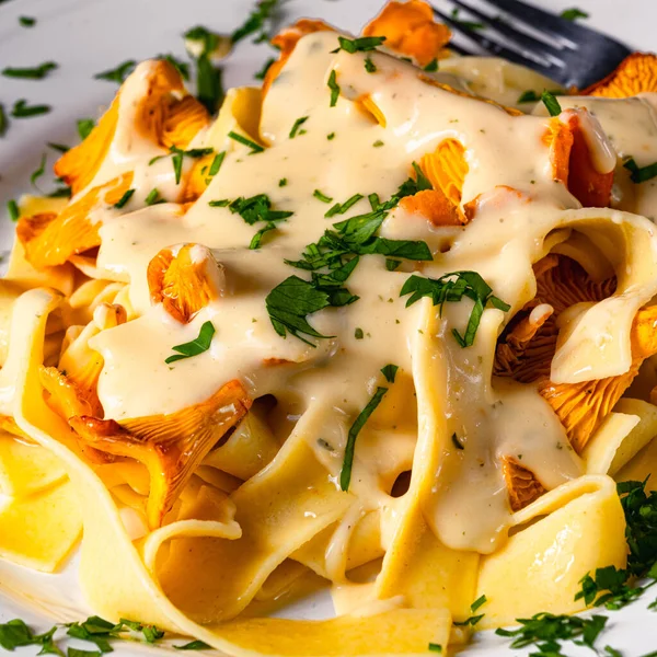 Tagliatelle Com Chanterelles Frescos Molho Cogumelos — Fotografia de Stock