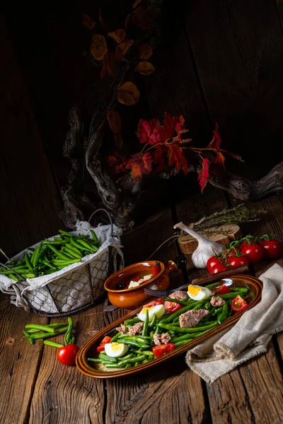 Rustikaler Grüner Bohnensalat Mit Und Thunfisch — Stockfoto