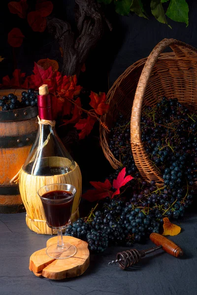 Uve Nel Cesto Con Vino Foglie Albero — Foto Stock