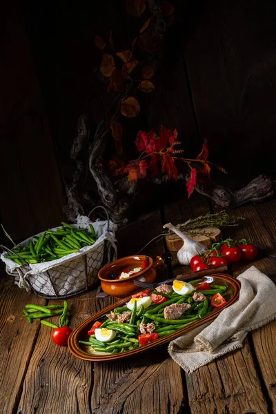 Rustikaler Grüner Bohnensalat Mit Und Thunfisch — Stockfoto