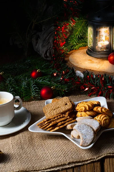 Different Types Biscuits Rustic Christmas Decorations — Stock Photo, Image