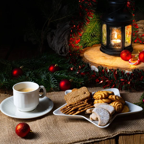 Différents Types Biscuits Avec Des Décorations Noël Rustiques — Photo