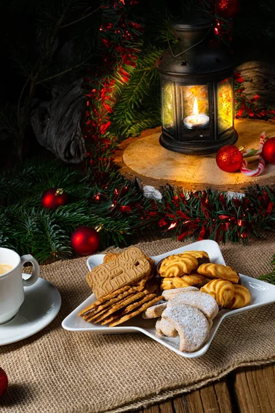 Different Types Biscuits Rustic Christmas Decorations — Stock Photo, Image